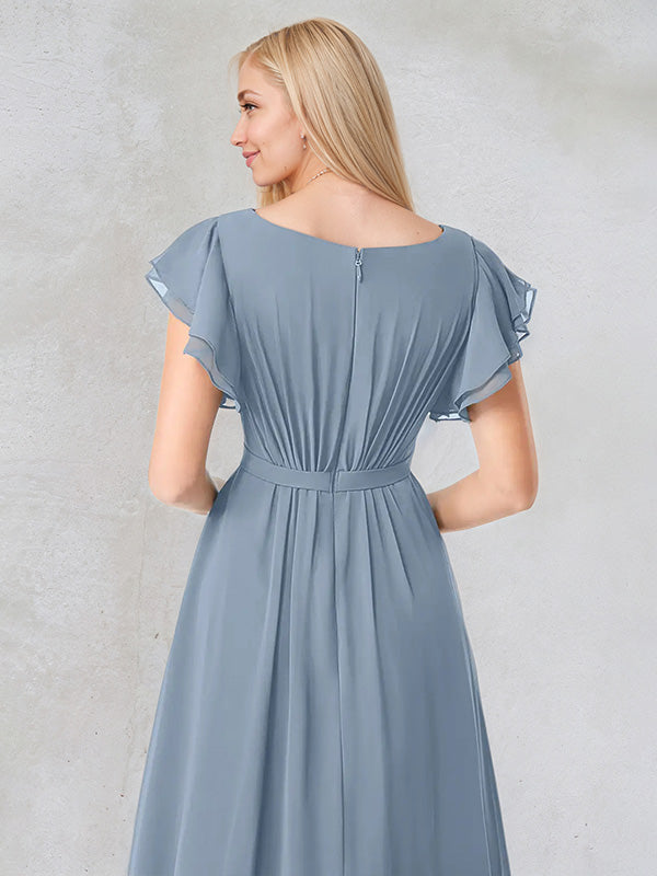 Dusty Blue A-Line Round Neck Floor-Length Chiffon Bridesmaid Dress With Ruffles - View 5 | FashionDia