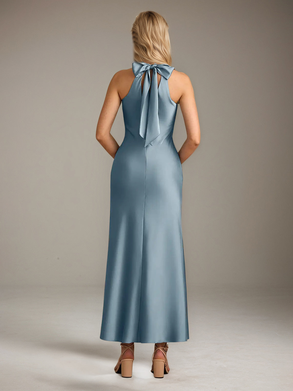 Powder Blue Satin Sheath/Column Halter Neck Sleeveless Ankle Length Bridesmaid Dress