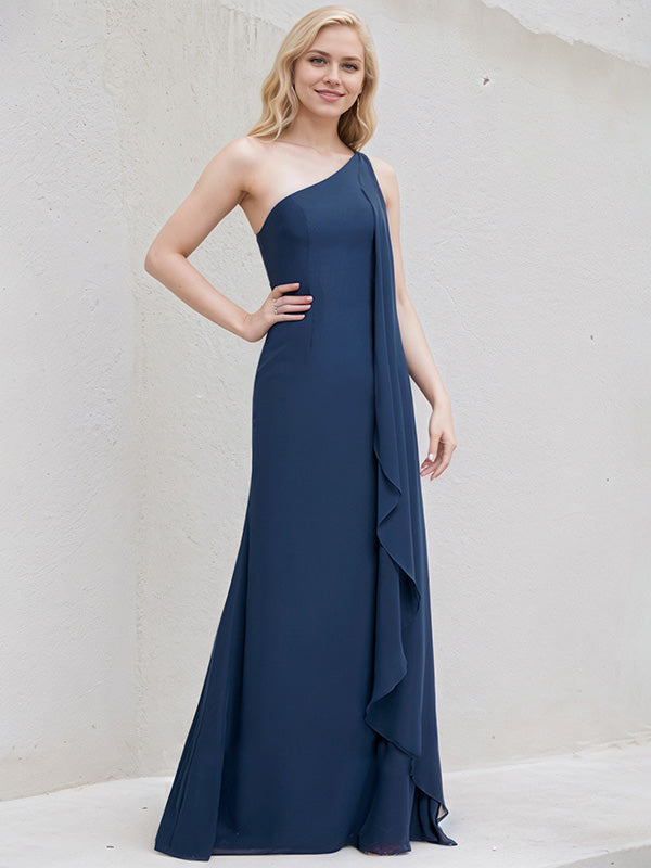 Navy Blue Chiffon A Line One Shoulder Floor Length Bridesmaid Dress