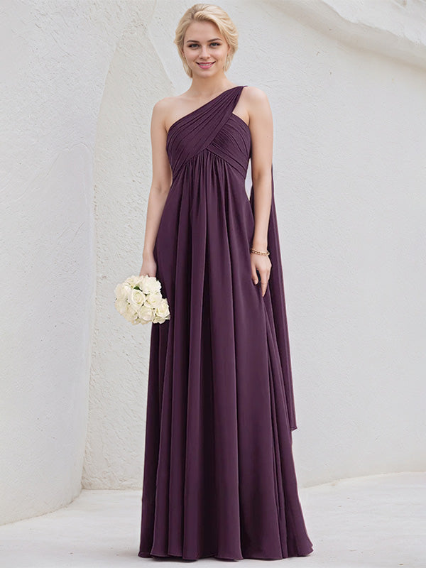 Grape A-Line One Shoulder Floor-Length Chiffon Bridesmaid Dress With Ruffle