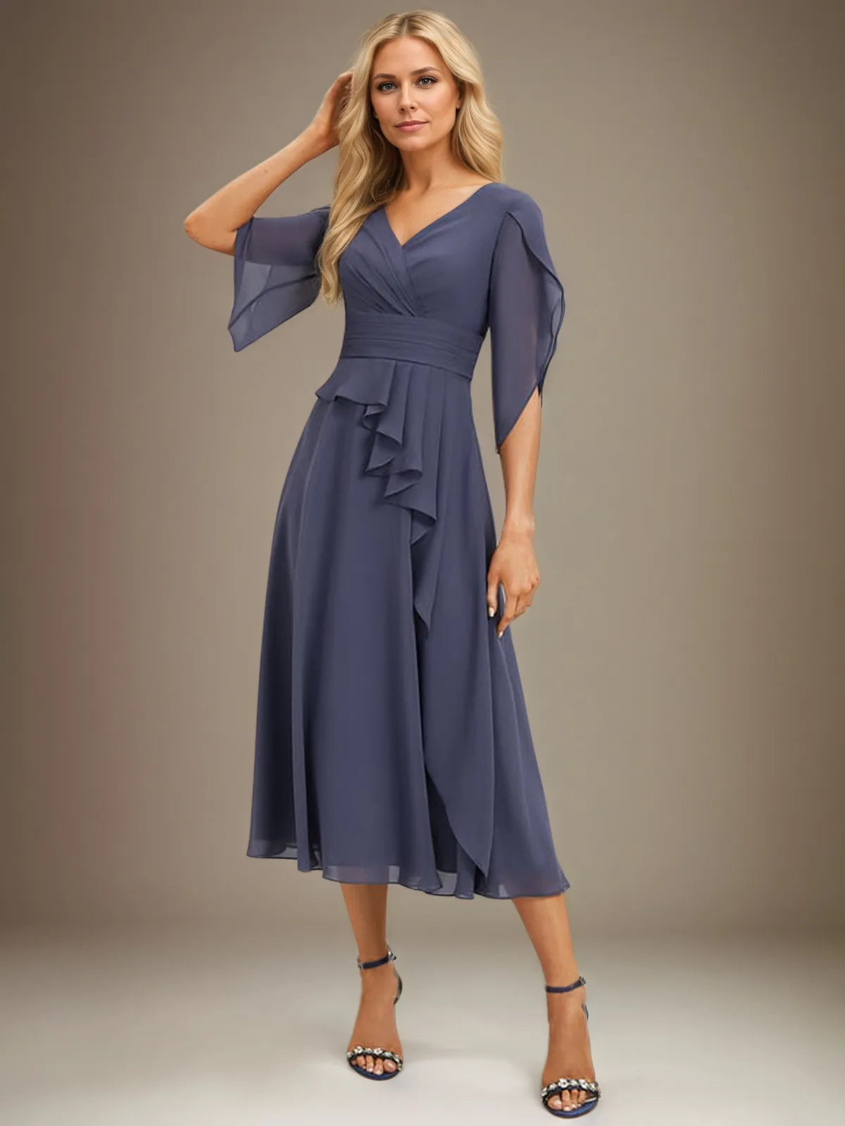 A-Line V-Neck Tea-Length Chiffon Mother Of Bride Dresses With Pleated - View 4 | FashionDia