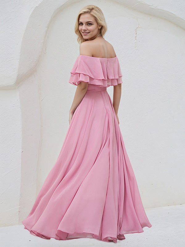 Peony Chiffon A Line Off The Shoulder Sleeveless Floor Length Bridesmaid Dress