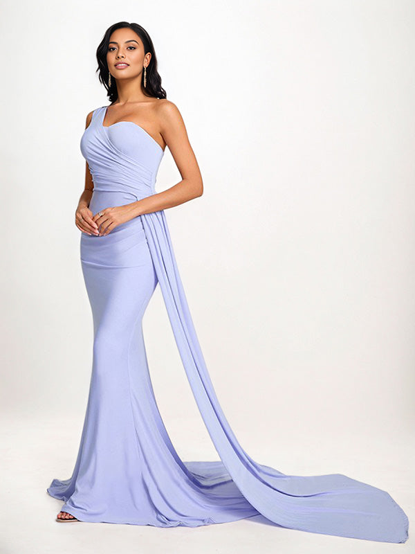Lavender Sheath/Column One Shoulder Floor Length Sleeveless Chiffon Bridesmaid Dress