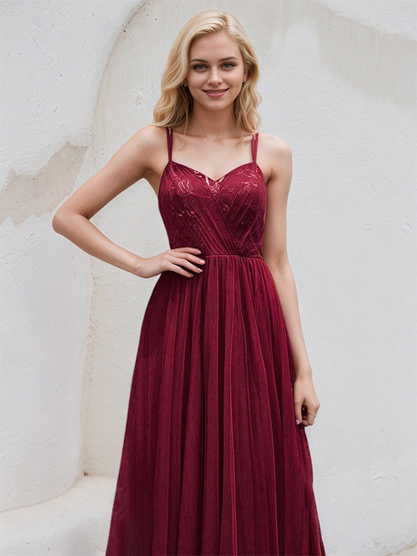Burgundy Tulle A Line Spaghetti Straps Sleeveless Floor Length Bridesmaid Dress