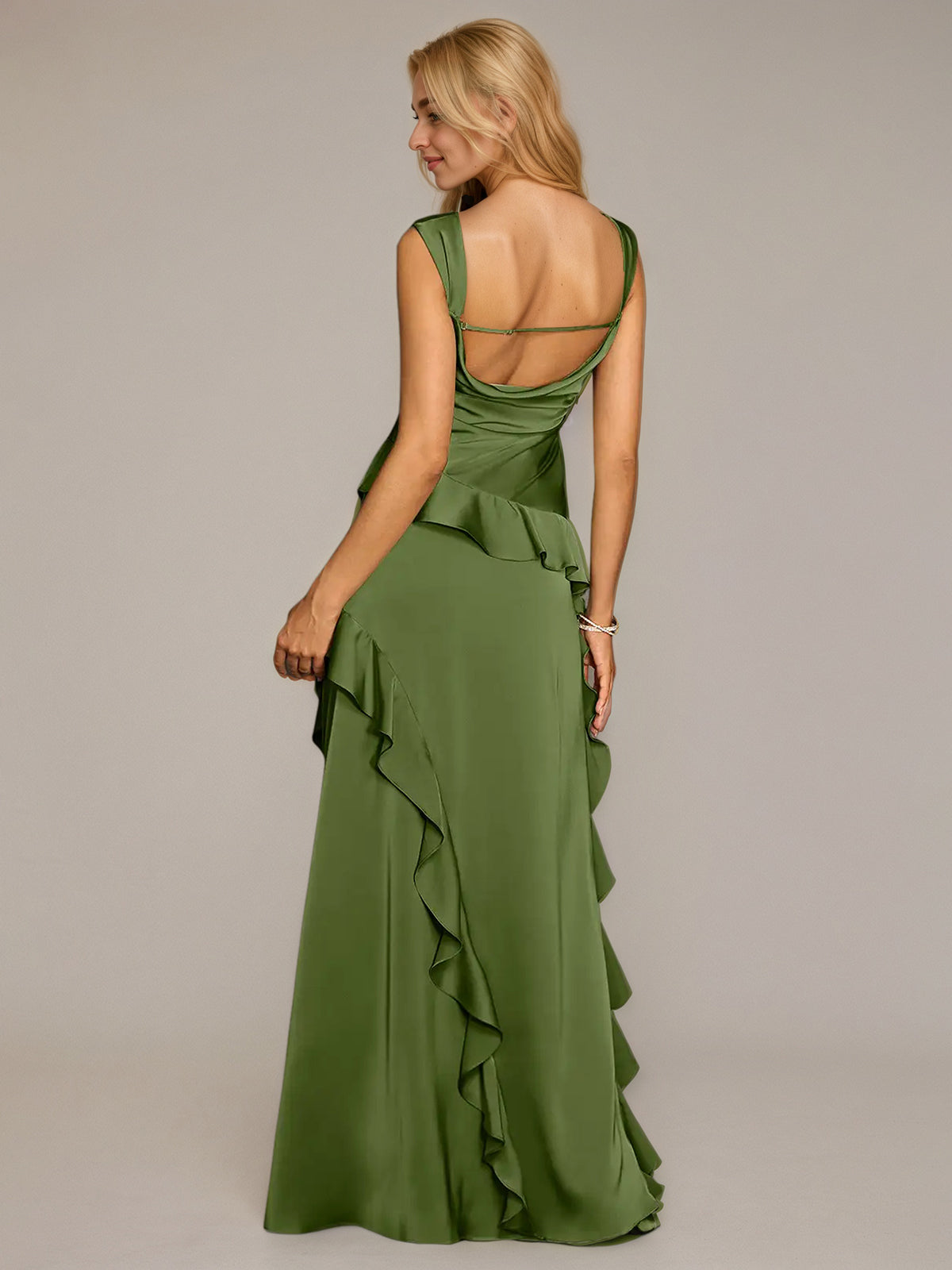 Olive Green Sheath/Column Satin Square Neck Sleeveless Floor-Length Dresses - View 2 | FashionDia