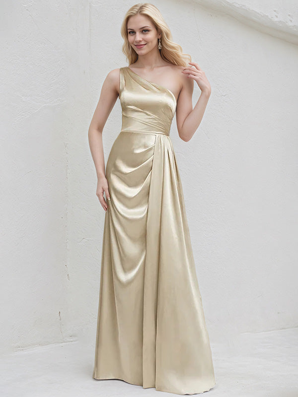 Champagne Satin A Line One Shoulder Sleeveless Floor Length Bridesmaid Dress