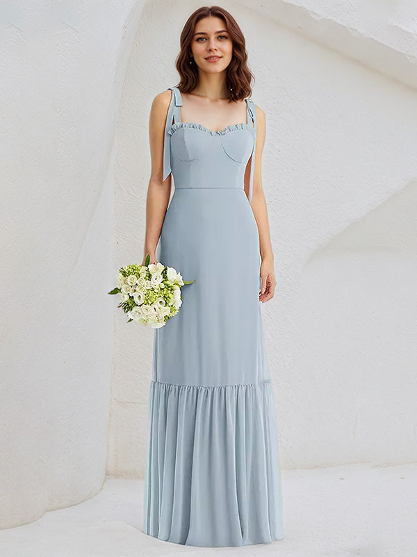Ice Blue Sheath/Column Chiffon Spaghetti Straps Sleeveless Floor Length Bridesmaid Dresses