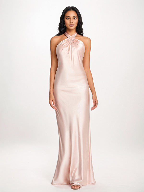 Pearl Pink Sheath/Column Halter Floor-Length Sleeveless Satin Bridesmaid Dress - View 4 | FashionDia