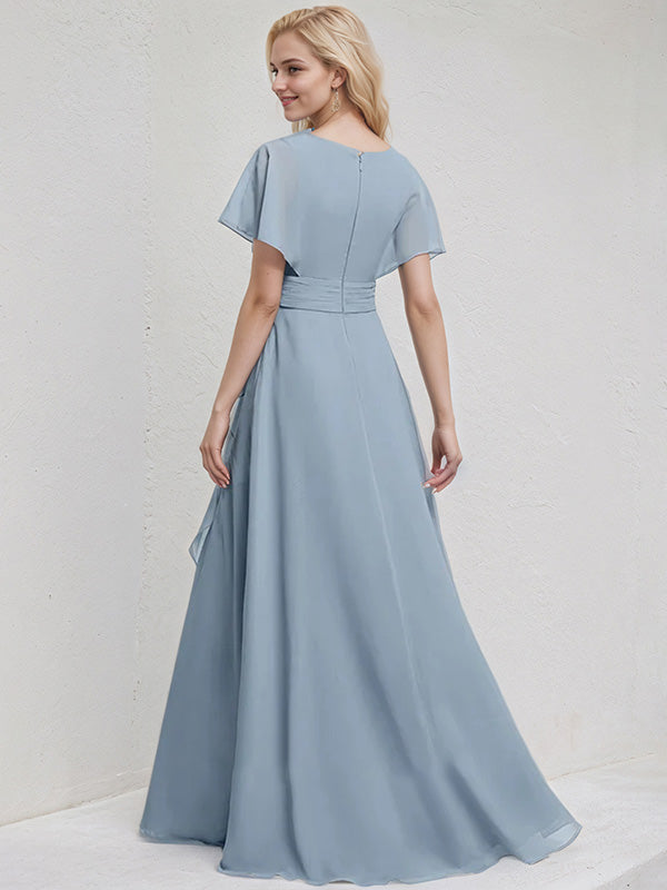 Dusty Blue Chiffon A Line V Neck Ruffle Sleeves Floor Length Bridesmaid Dress