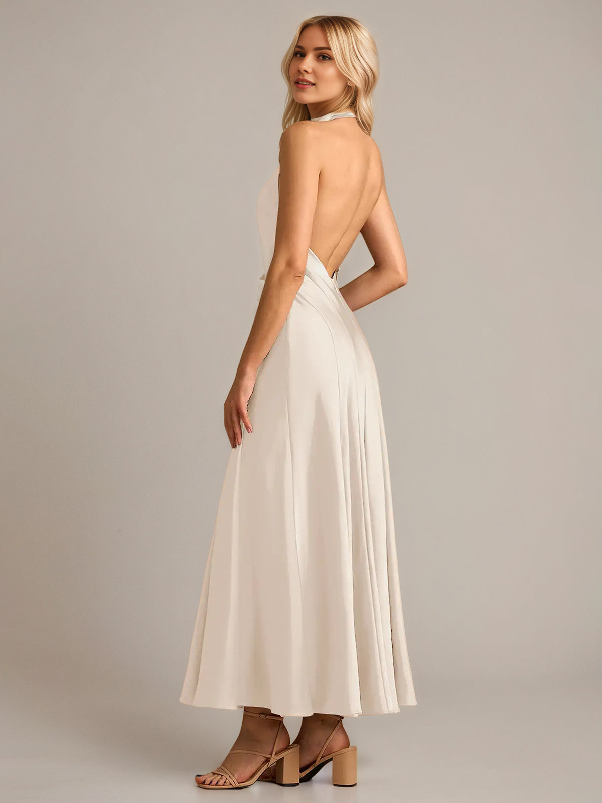 Cream Satin A Line Halter Neck Sleeveless Ankle Length Bridesmaid Dress