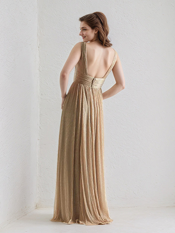 Gold A Line V Neck Sleeveless Floor Length Bridesmaid Dress