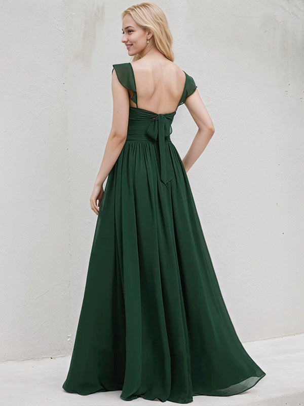 Green Chiffon A Line V Neck Floor Length Bridesmaid Dress With Ruffle