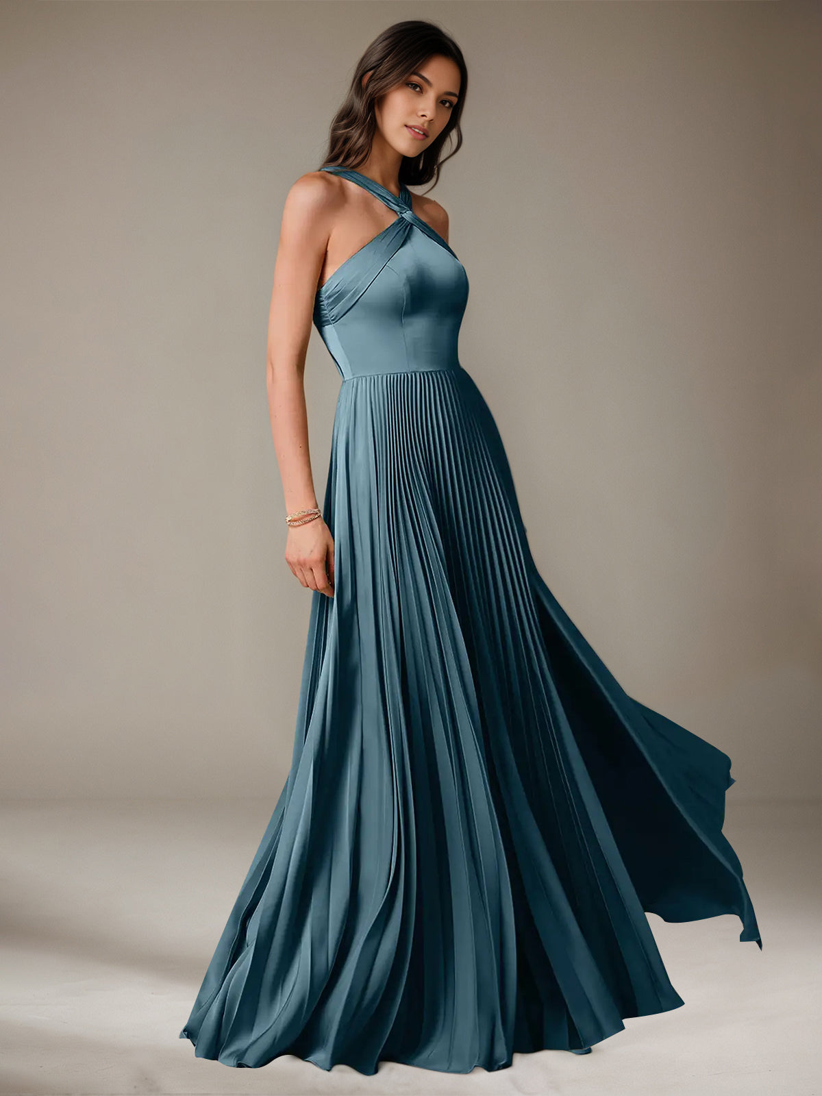 French Blue A Line Halter Sleeveless Floor-Length Satin Bridesmaid Dress