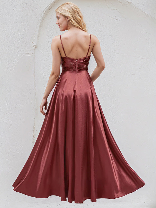 Rosewood Satin A Line V Neck Sleeveless Floor Length Bridesmaid Dress