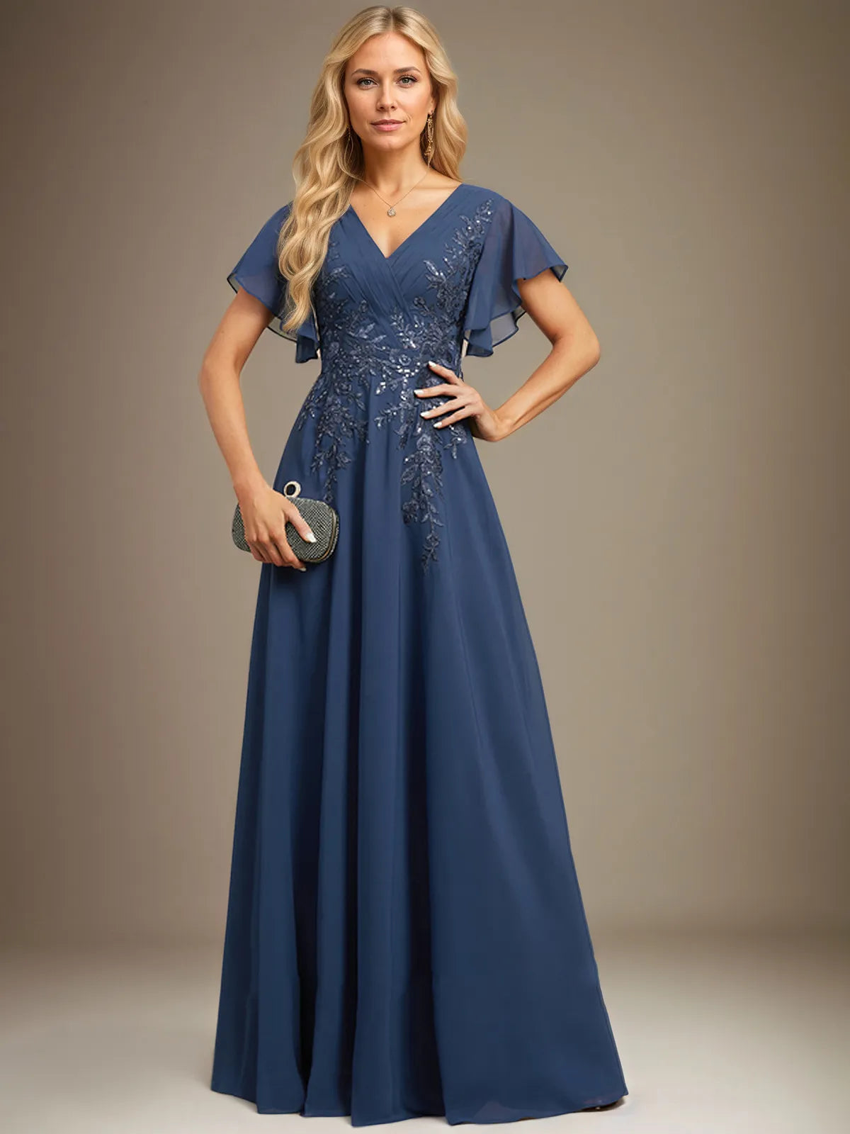 A-Line V-Neck Floor-Length Lace Chiffon Evening Dress With Pleated Sequins - FashionDia