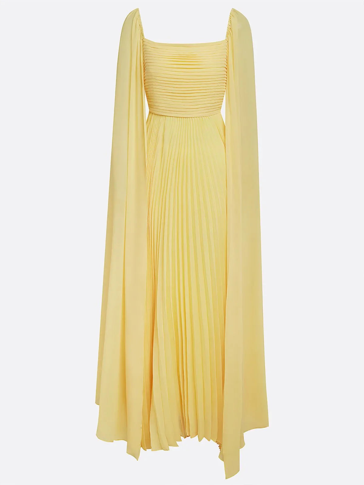 Yellow Pleated Chiffon Dress Square Neck Long Sleeve A-Line Gown