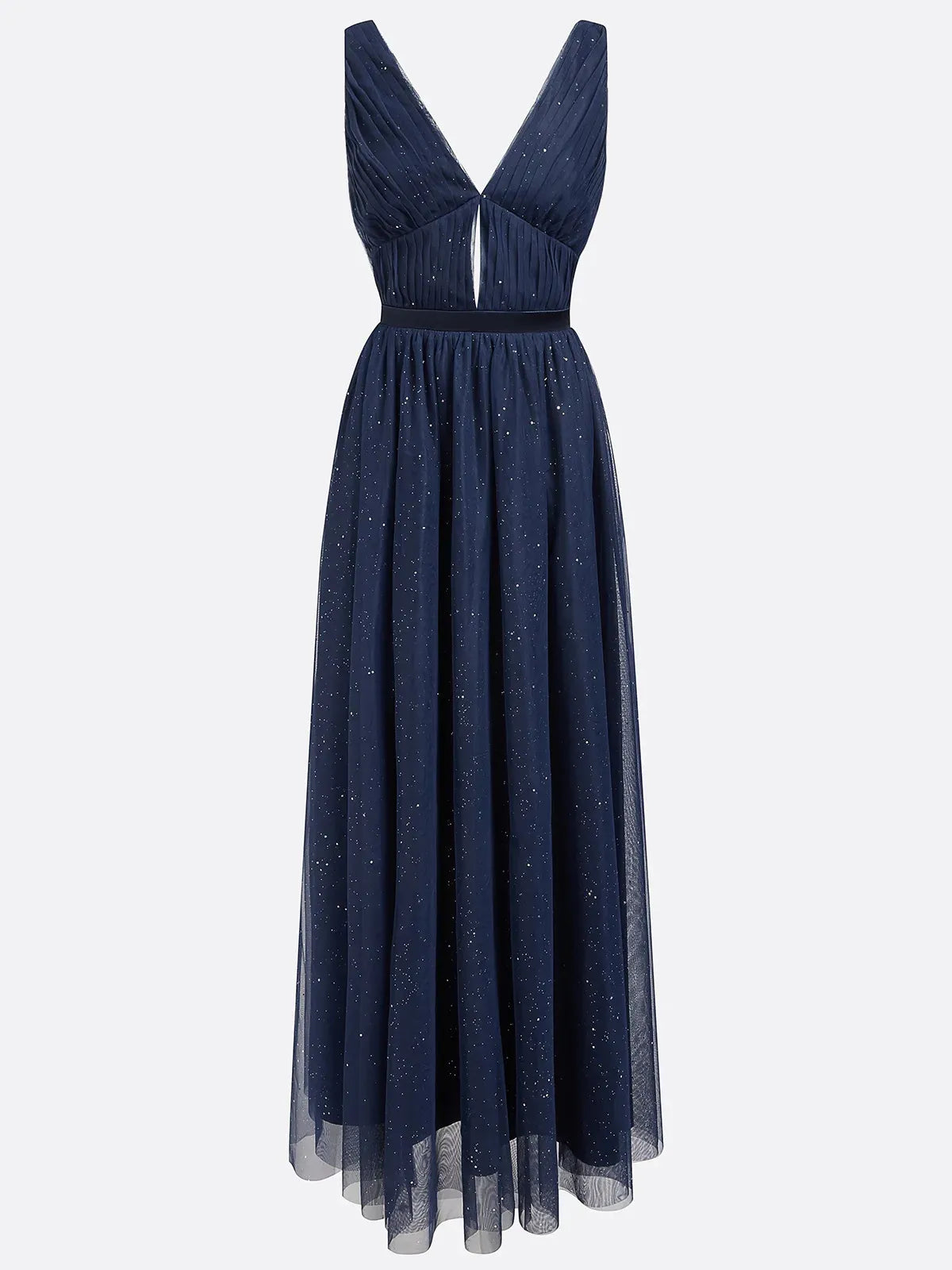 Purplish Blue Mesh Hotfix Embellished Classic V Neck Sleeveless Sheath Maxi Dress