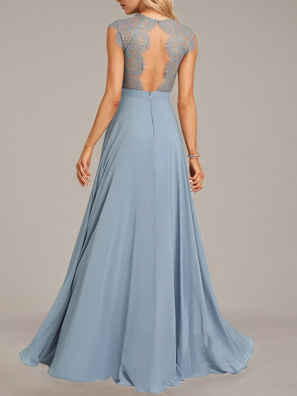 Dusty Blue A-Line Scoop Floor-Length Lace Chiffon Bridesmaid Dress
