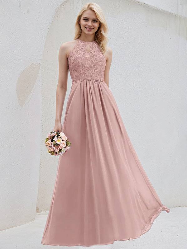 Dusty Rose A-Line Scoop Floor-Length Lace Chiffon Bridesmaid Dress