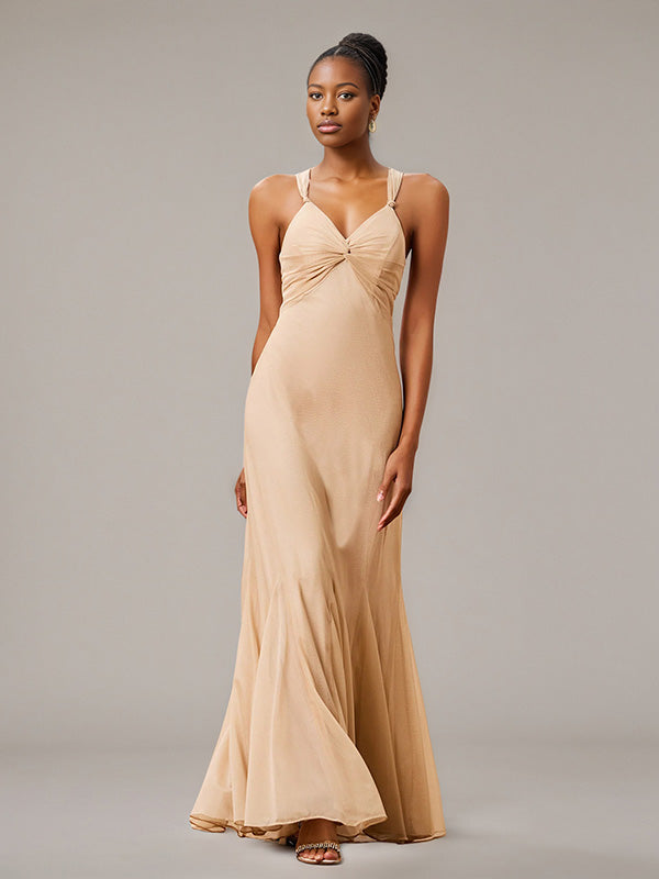 Champagne Trumpet/Mermaid Chiffon V Neck Sleeveless Floor-Length Bridesmaid Dresses