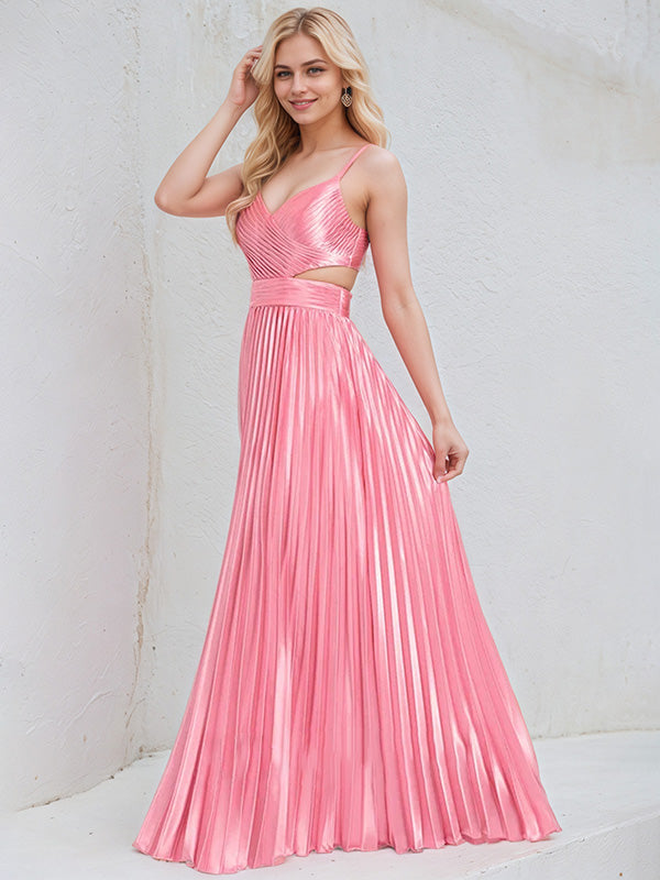 Peony Satin A Line Spaghetti Straps Sleeveless Floor Length Bridesmaid Dress