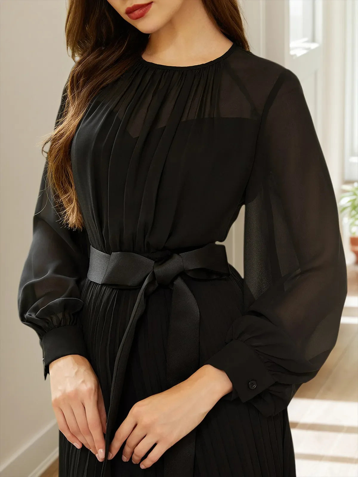 Black Pleated Mesh Chiffon Crew Neck Long Sleeve Balloon Sleeve A-Line Maxi Dress