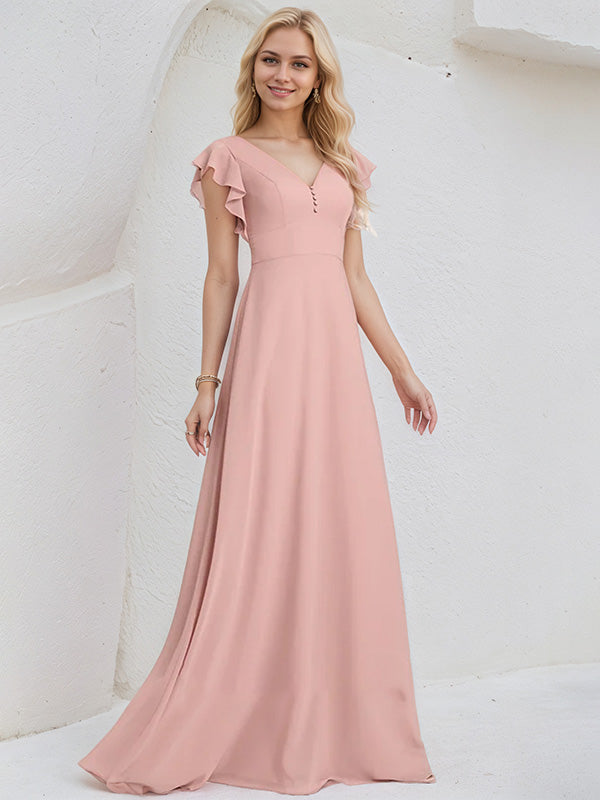 Dusty Rose Chiffon A Line V Neck Floor Length Bridesmaid Dress With Ruffles