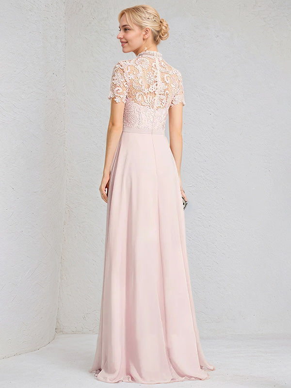Blushing Pink A-Line High Neck Floor-Length Lace Chiffon Bridesmaid Dresses