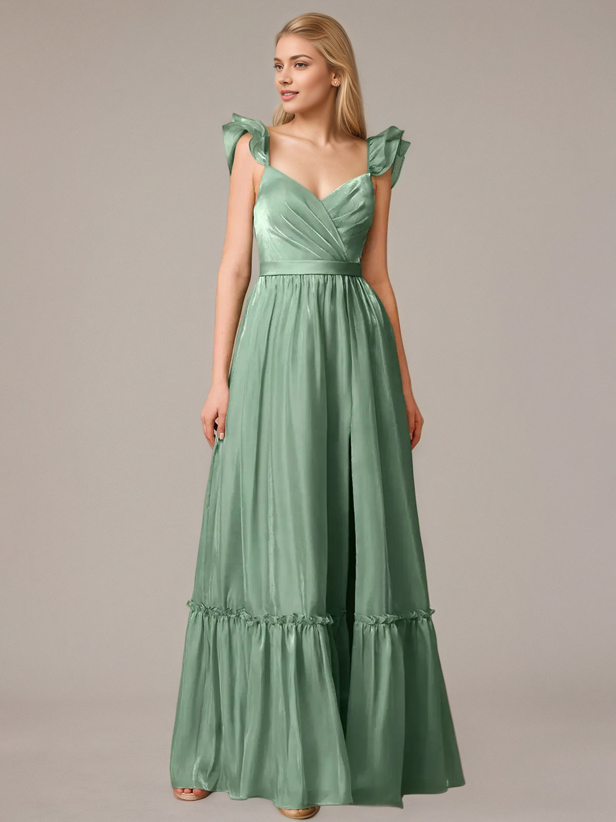 Green A Line V Neck Sleeveless Floor Length Dresses With Ruffles