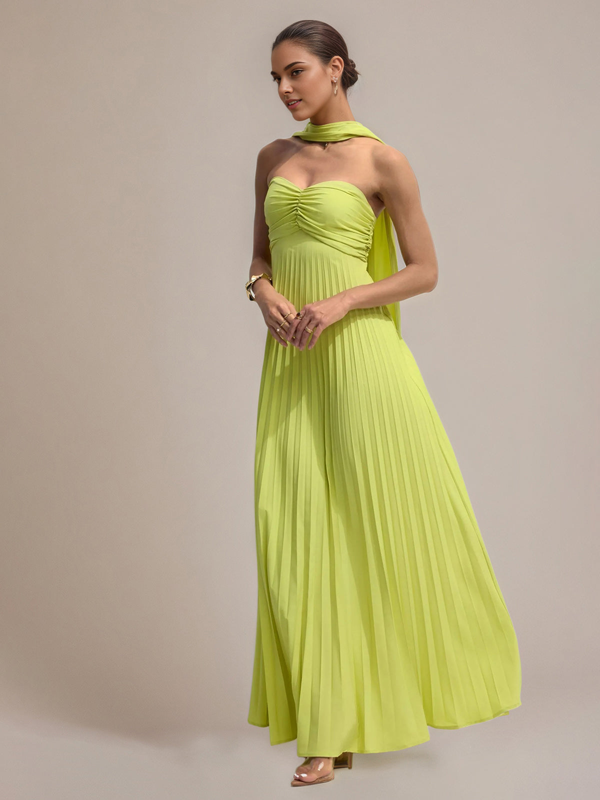 Green Chiffon A-Line Off-the-Shoulder Sleeveless Floor-Length Pleated Dress - View 5 | FashionDia