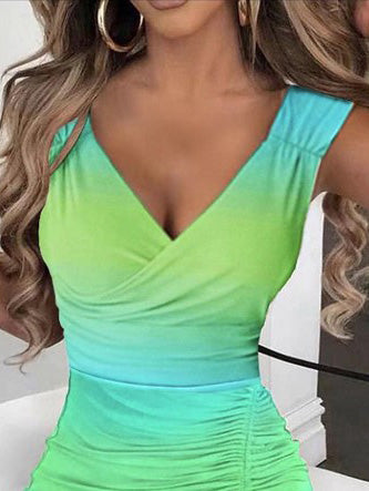 Tie Dye V Neck Drawstring Slit Slim Dress