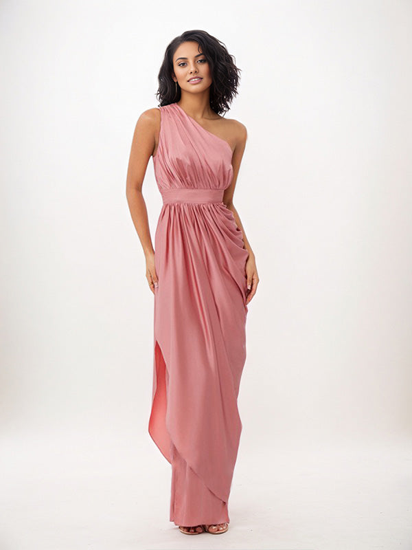 Dusty Rose Sheath/Column One Shoulder Floor-Length Satin Bridesmaid Dress