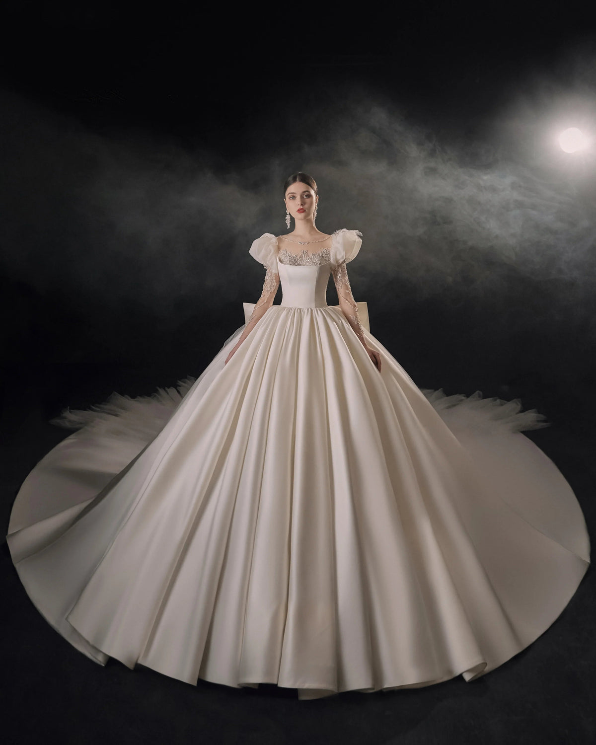 Regal Ball Gown Illusion Neckline Tulle Puff Sleeve Beaded Lace Wedding Dress with Oversized Bow Train E-304 (ZD16888)