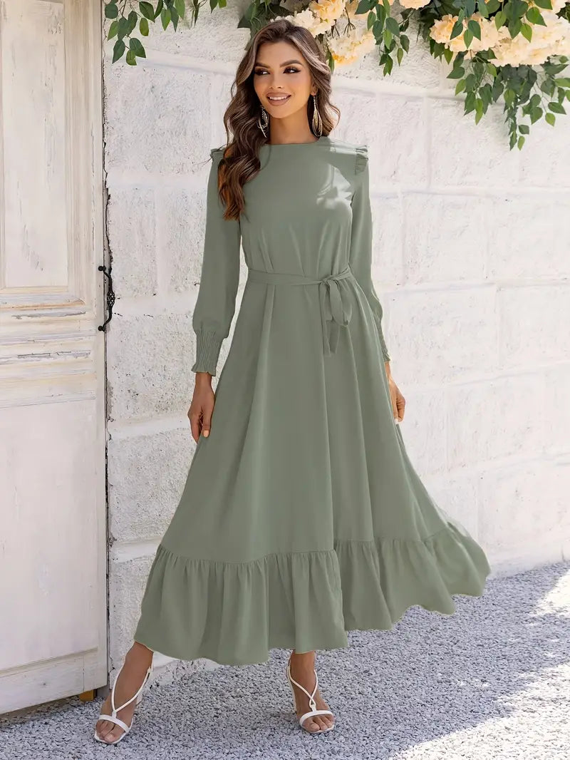 Elvia Minimalist Women's Belted and Flounced Maxi Dress Designer Edit
