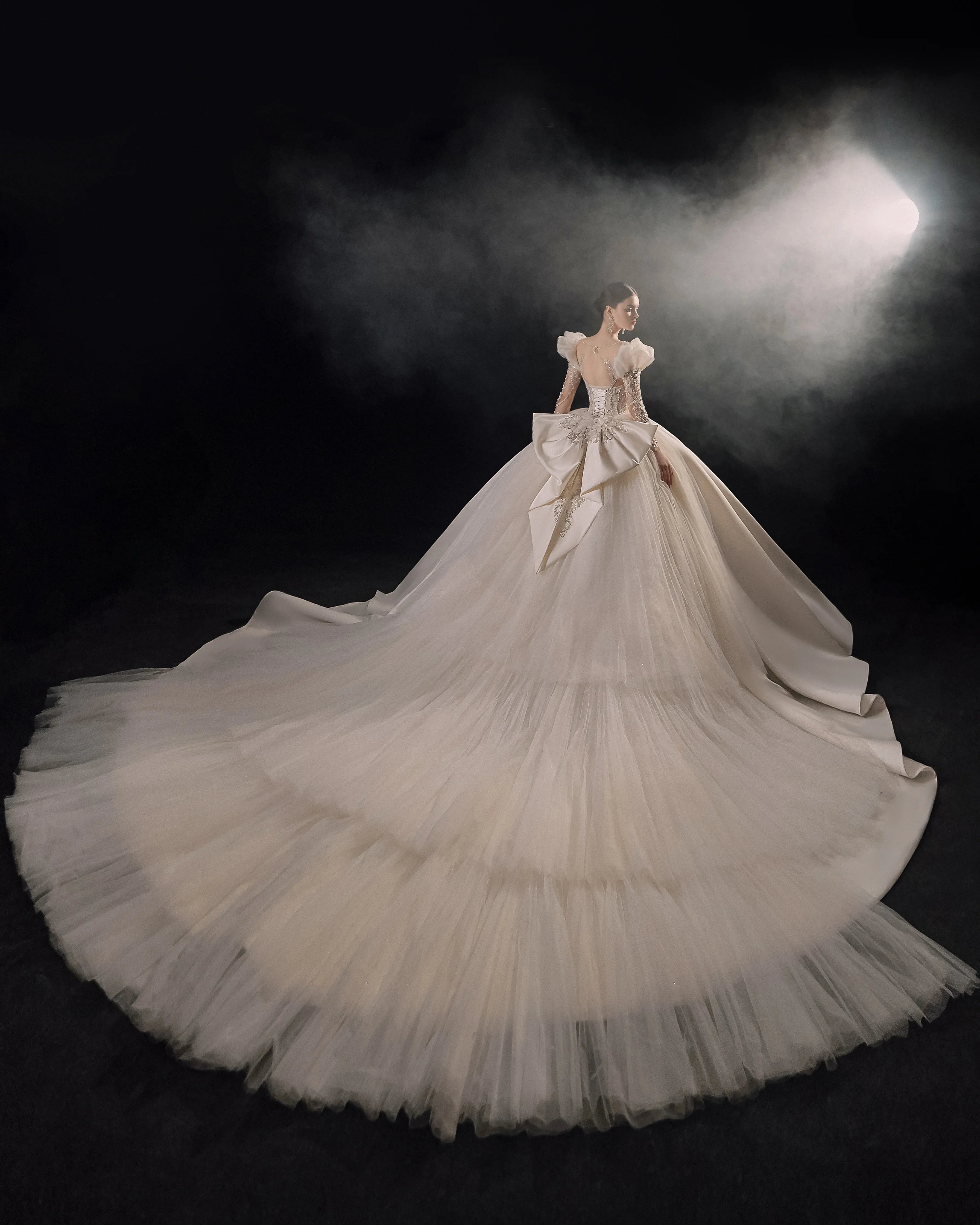 Regal Ball Gown Illusion Neckline Tulle Puff Sleeve Beaded Lace Wedding Dress with Oversized Bow Train E-304 (ZD16888)