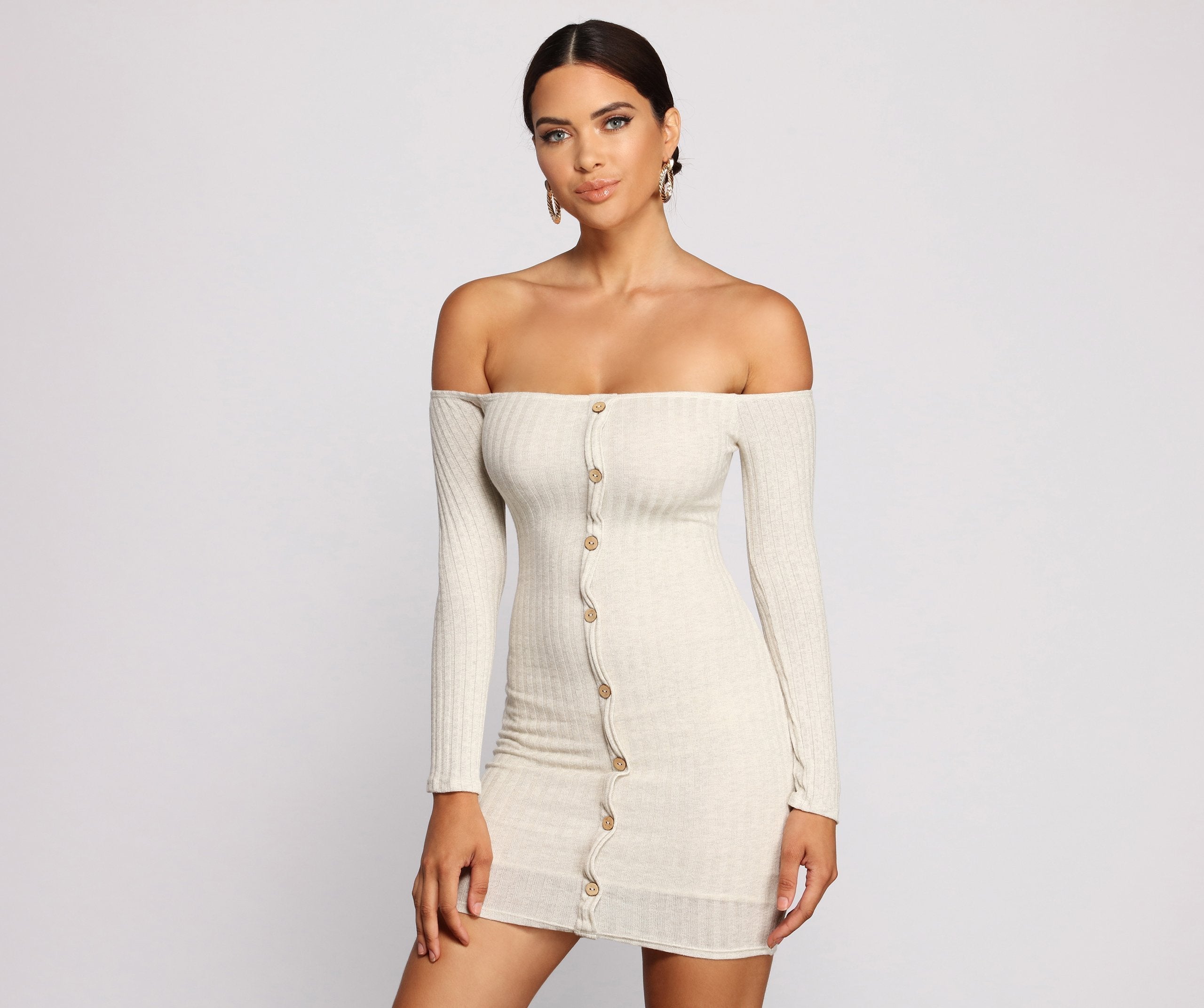 Off The Shoulder Button Down Mini Dress - Fashionpara