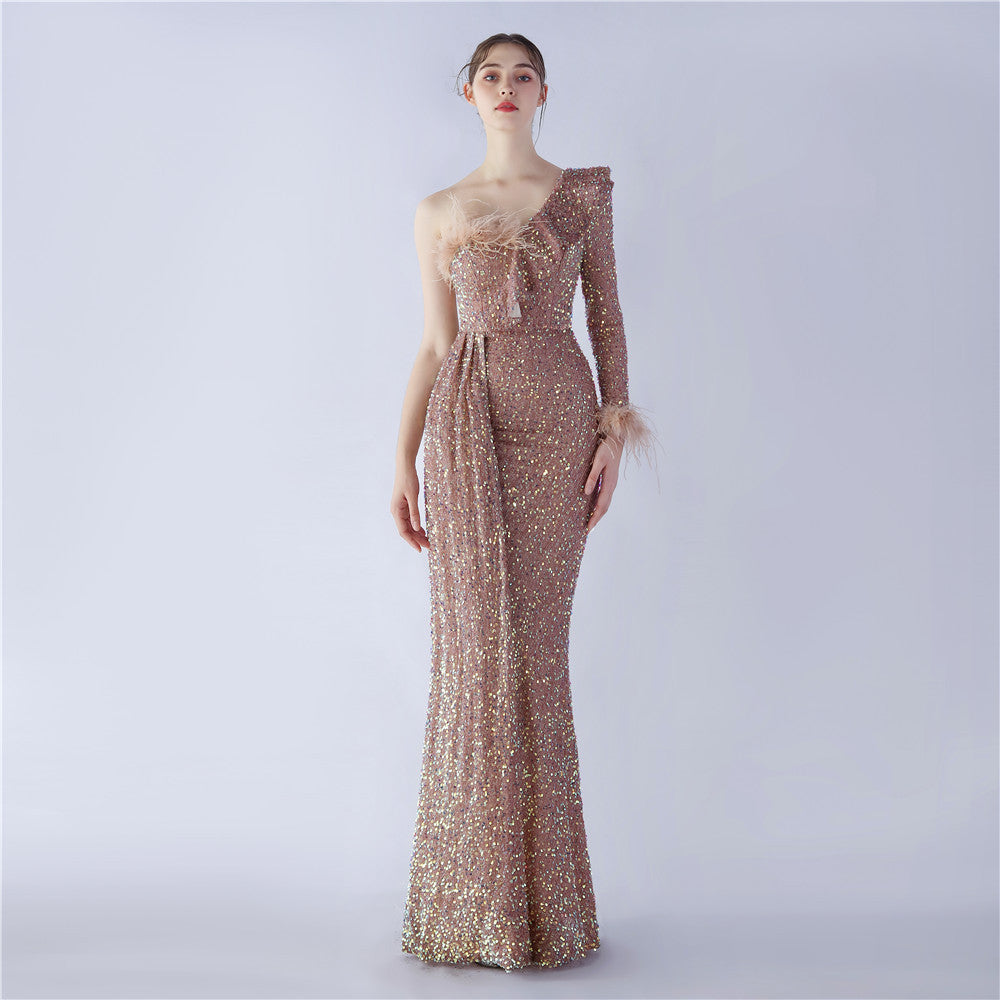 Craft Ostrich Feather Ruffled Side Slit High End Sequined Evening Dress - View 2 | VelvetHem