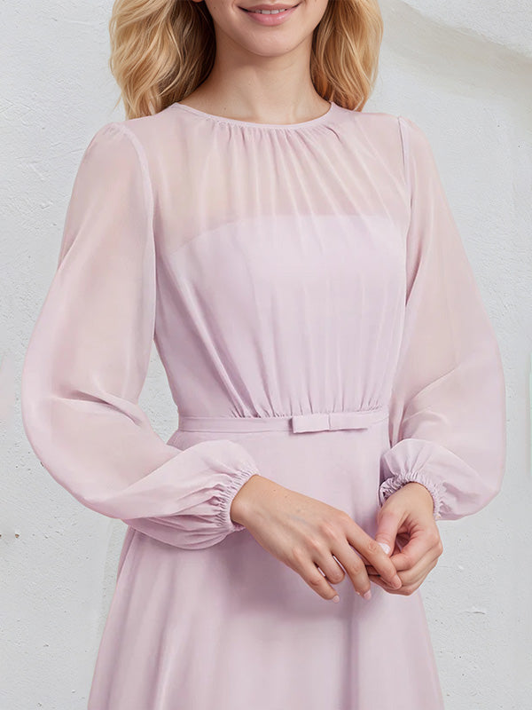 Candy Pink A Line Round Neck Long Sleeves Floor Length Chiffon Bridesmaid Dress