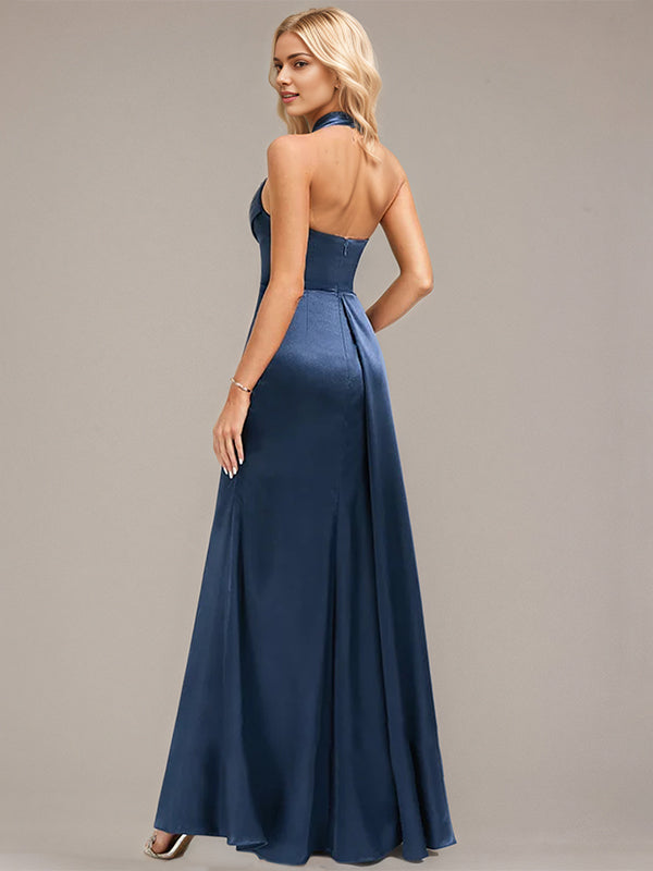Navy Blue A-Line Halter Floor-Length Satin Bridesmaid Dress With Ruched