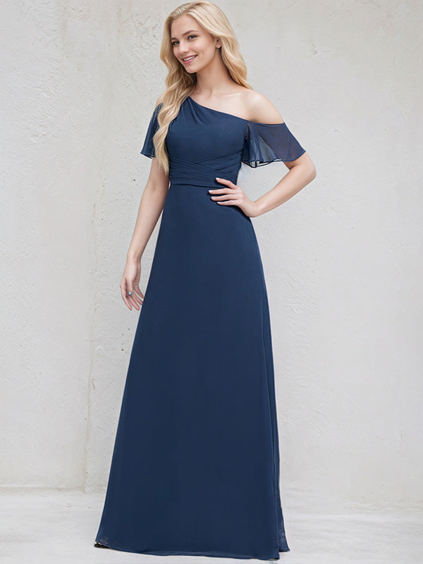 Navy Blue Chiffon A Line One Shoulder Short Sleeves Floor Length Bridesmaid Dress