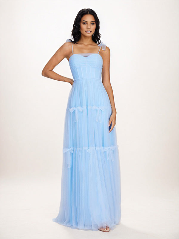 Sky Blue Tulle A Line Spaghetti Straps Floor Length Sleeveless Bridesmaid Dress With Bow