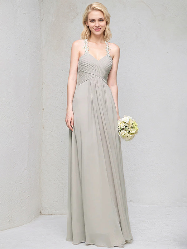 A-Line Sweetheart Floor-Length Chiffon Lace Bridesmaid Dress With Ruffle