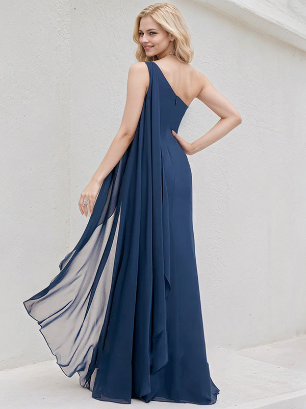 Navy Blue Chiffon A Line One Shoulder Floor Length Bridesmaid Dress
