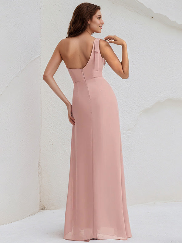 Dusty Rose Chiffon A Line One Shoulder Sleeveless Floor Length Bridesmaid Dress