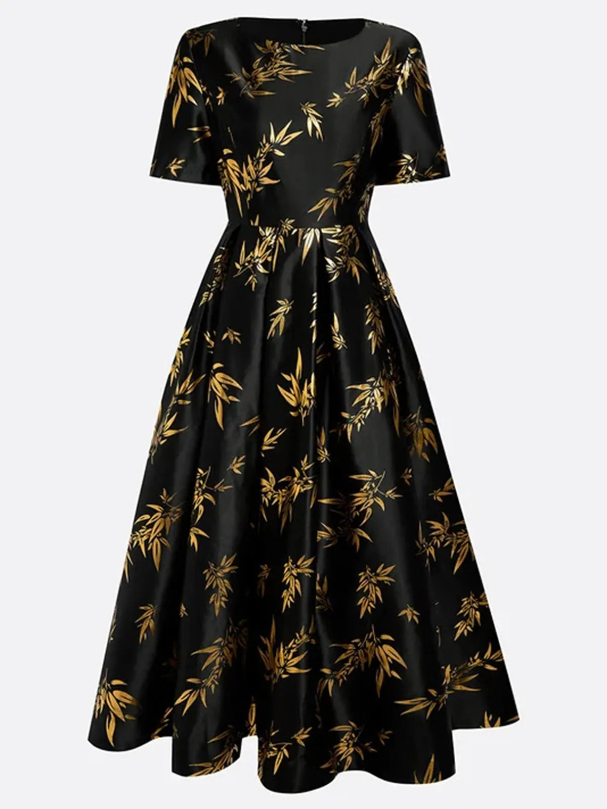 Black Gold Hot Stamping Floral Short Sleeve A-Line Maxi Dress - View 5 | FashionDia