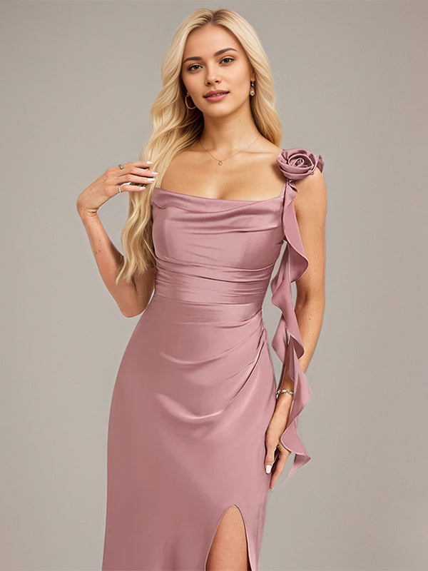 Vintage Mauve A-Line Spaghetti Straps Tea-Length Satin Bridesmaid Dress With 3D Floral