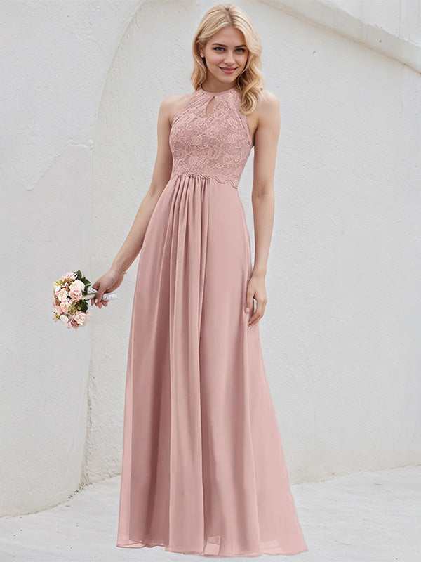 Dusty Rose A-Line Scoop Floor-Length Lace Chiffon Bridesmaid Dress