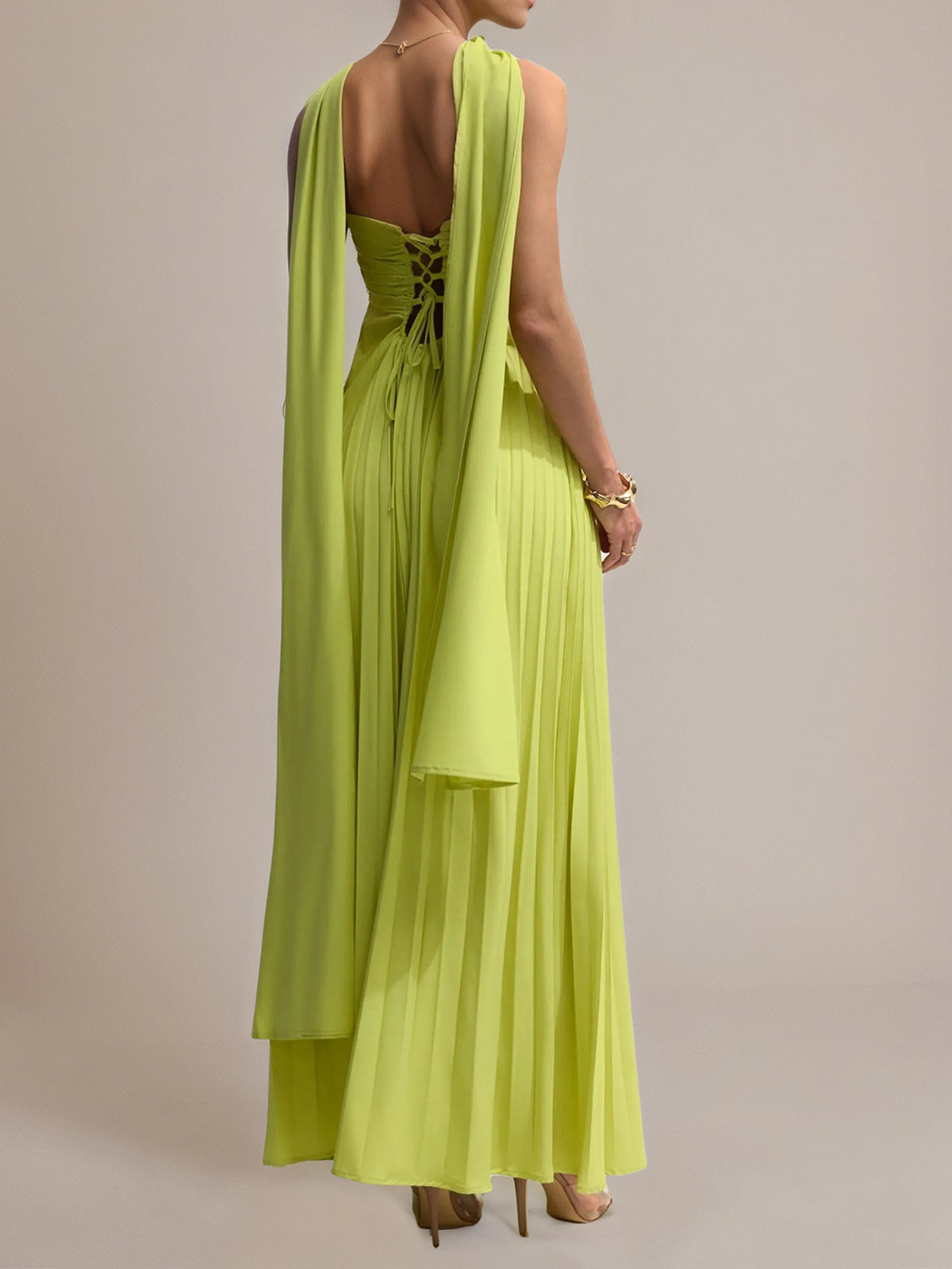 Green Chiffon A-Line Off-the-Shoulder Sleeveless Floor-Length Pleated Dress - View 2 | FashionDia