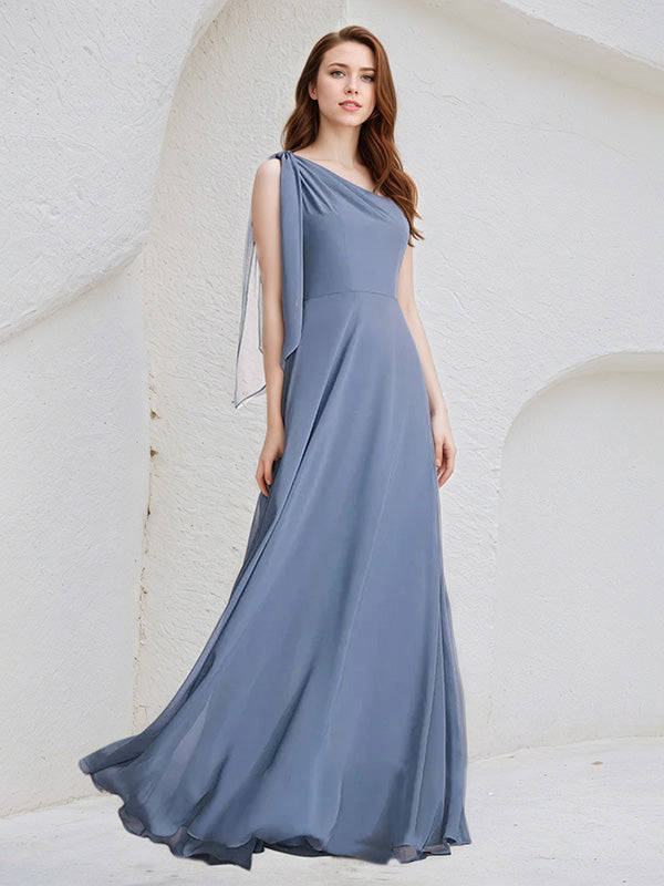 Navy Blue A-Line One Shoulder Floor-Length Chiffon Bridesmaid Dress With Bow