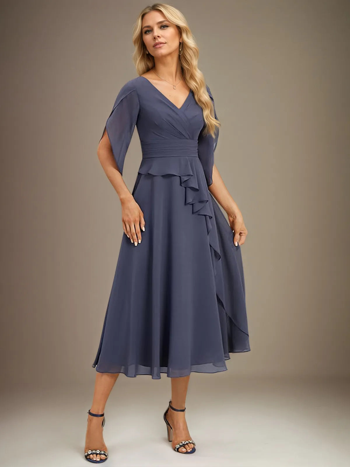 A-Line V-Neck Tea-Length Chiffon Mother Of Bride Dresses With Pleated - View 5 | FashionDia